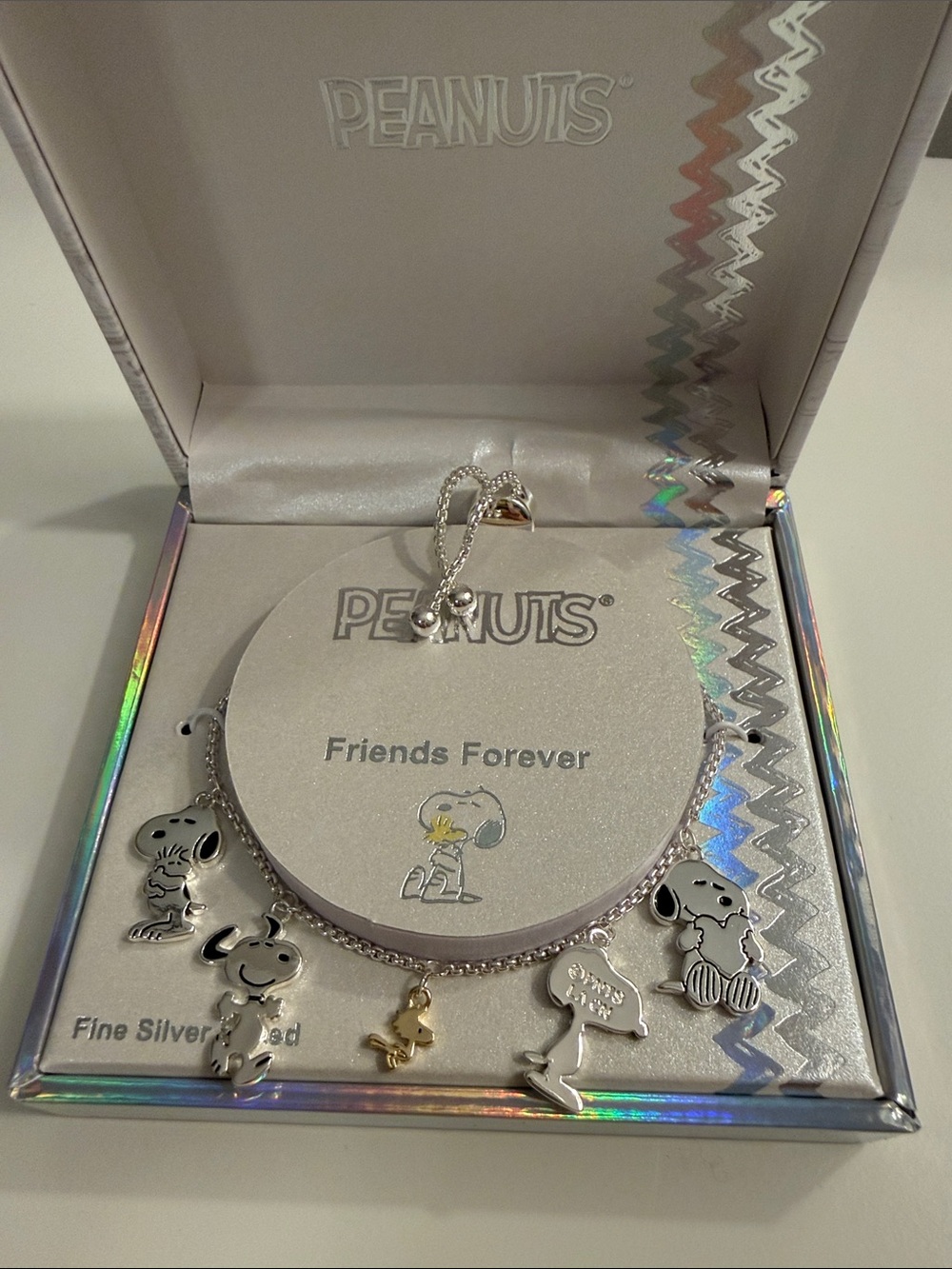 Peanuts Silver Charm Bracelet with Snoopy & Gold Woodstock Accent